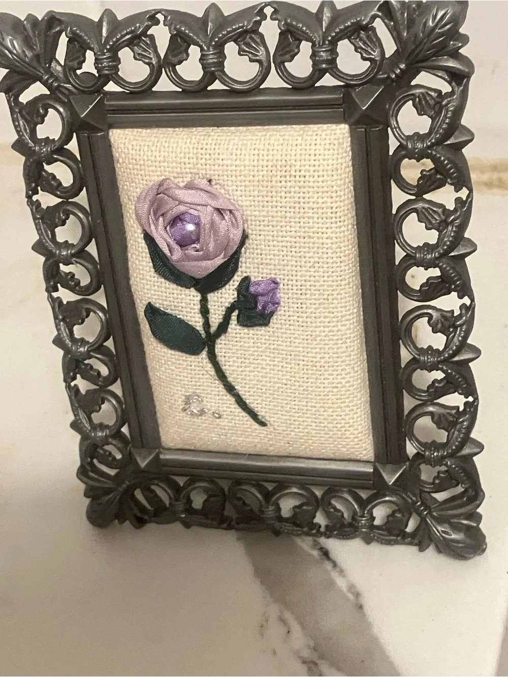 Handcrafted Needlepoint Victorian Lavender Rose Pewter Frame Accent 3 1/2 -4 1/2
